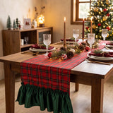 Christmas Red Plaid Linen Table Runner With Green Ruffle Edge