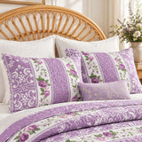 Vintage Purple Rose Stripe Quilted 3-Piece Bedding Set