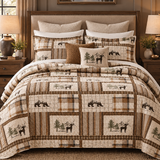 Moose and Deer Forest Plaid Quilted 3-Piece Bedding Set