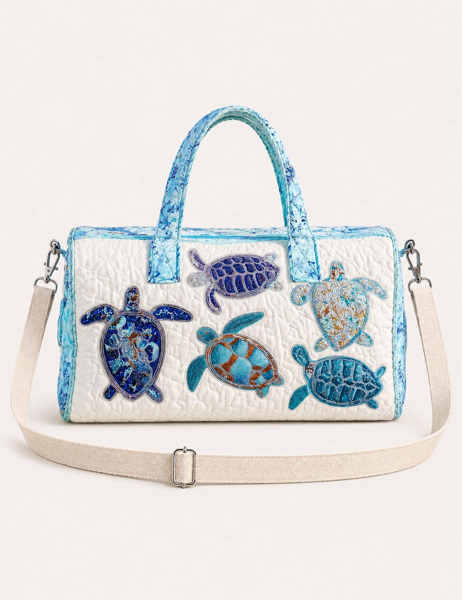 H.PAI Women's Quilted Duffle Bag - Coastal Sea Turtle Embroidered Travel Overnight Bag