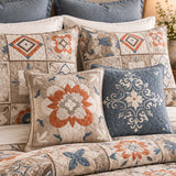 Terracotta Blue Mosaic Tile Patchwork Quilted 3-Piece Bedding Set