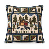 Bear Cabin Woodland Patchwork-Style Quilted Pillow Cover