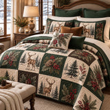 Christmas Deer & Pinecone Forest Quilted 3-Piece Bedding Set