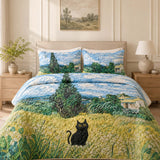 H.PAI Black Cat Meadow Garden Quilted 3-Piece Bedding Set