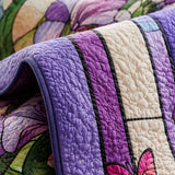 H.PAI Purple Iris Quilted 3-Piece Bedding Set – Vintage Stained Glass Garden Quilted Bedding With Matching Pillow Shams
