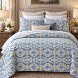 Pastel Blue Botanical Medallion Reversible 100% Cotton Quilted Bedding Set