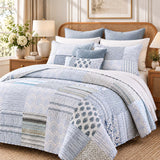 Blue & Ivory Geometric Patchwork Quilted 3-Piece Bedding Set
