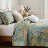 Sage Botanical Patchwork Quilted 3-Piece Cotton Bedding Set