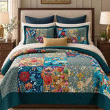 Teal Botanical Pieced Patchwork 100% Cotton Quilted 3-Piece Bedding Set