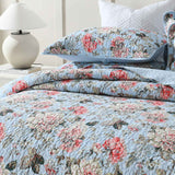 Light Blue Vintage Rose Floral Quilted 3‑Piece Bedding Set