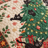 Playful Black Cats Christmas Tree Quilted 3-Piece Bedding Set