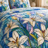 H.PAI White Lily Quilted 3-Piece Bedding Set – Stained Glass Botanical Quilted Bedding With Matching Pillow Shams