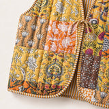 Vintage Yellow Patchwork - Reversible Vintage Patchwork Quilted Vest Tie-Front Waistcoat