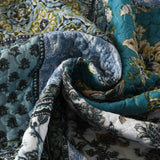 Teal Blue Floral Block Patchwork Quilted 3‑Piece Bedding Set
