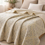 Vintage Beige Floral Jacquard Quilted Throw Three‑Layer Gauze Cotton Blanket