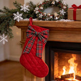 Red Quilted Velvet Christmas Stocking with Plaid Bow