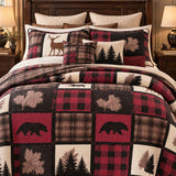 Burgundy Bear & Deer Plaid Woodland Quilted 3-Piece Bedding Set