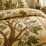 H.PAI Tree of Life Quilted 3-Piece Bedding Set – Vintage Stained Glass Botanical Quilted Bedding With Matching Pillow Shams