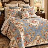 Vintage Blue Floral Baroque Quilted 3-Piece Bedding Set