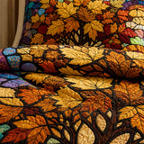 H.PAI Autumn Tree of Life Quilted 3-Piece Bedding Set – Stained Glass Harvest Quilted Bedding With Matching Pillow Shams