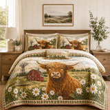 H.PAI Highland Cow Farmhouse Daisy Quilted 3-Piece Bedding Set