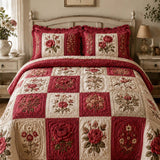 Vintage Rose Floral Quilted 3-Piece Bedding Set