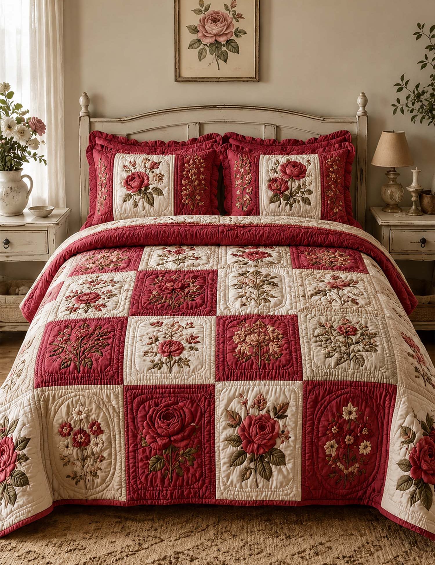 Vintage Rose Floral Quilted 3-Piece Bedding Set