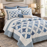 Blue Floral Ring Cottage Reversible 100% Cotton Quilted 3-Piece Bedding Set