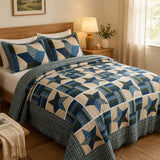 Navy Denim Blue Star Print Quilted 3‑Piece Bedding Set