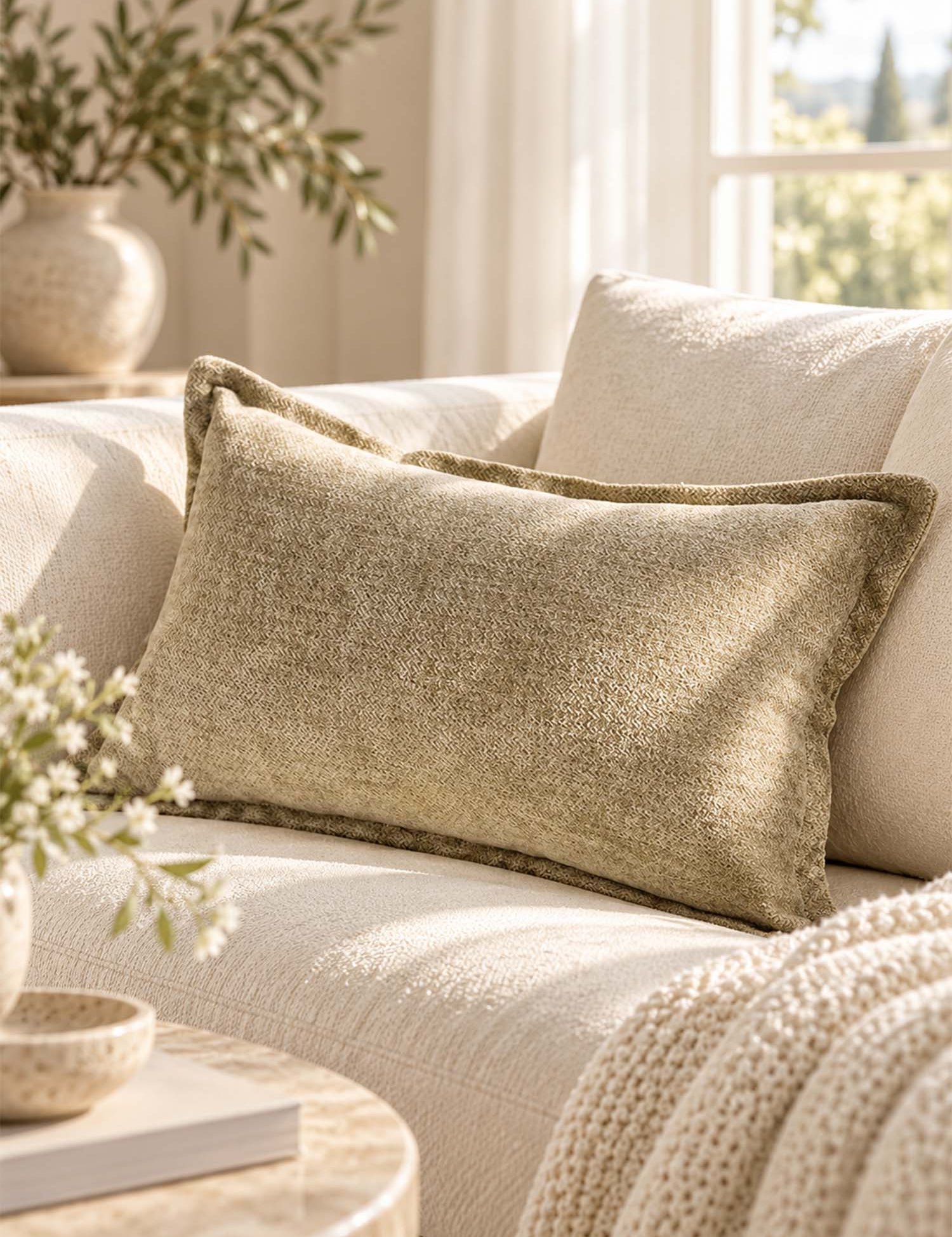 Sage Textured Neutral Lumbar Pillow Cover