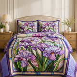 H.PAI Purple Iris Quilted 3-Piece Bedding Set – Vintage Stained Glass Garden Quilted Bedding With Matching Pillow Shams