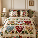 H.PAI Vintage Heart Floral Quilted 3-Piece Bedding Set – Luxury Quilted Bedding with Matching Pillow Shams