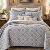 Dusty Blue Mosaic Medallion 100% Cotton Quilted Bedding Set