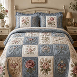 Vintage Rose Floral Quilted 3-Piece Bedding Set