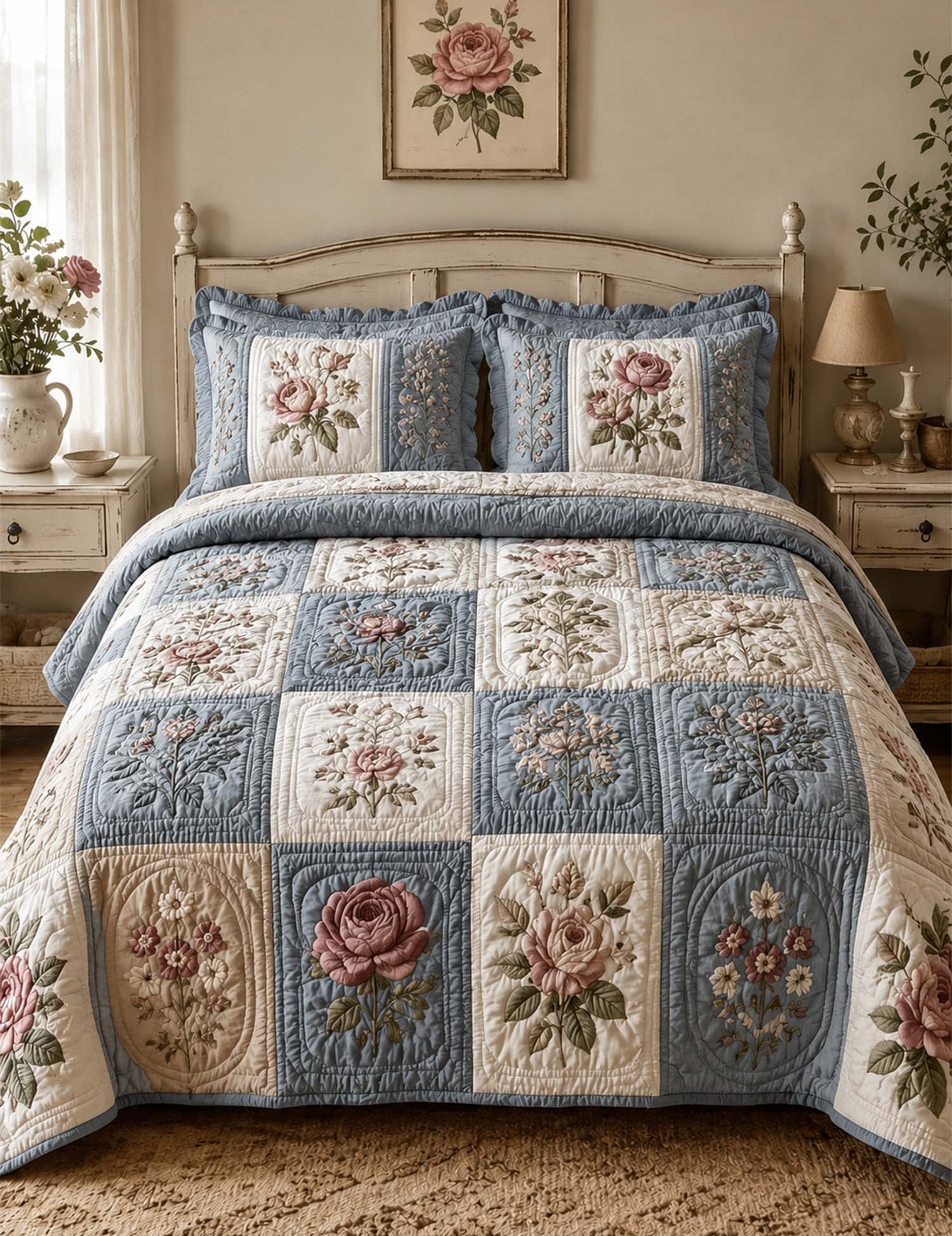 Vintage Rose Floral Quilted 3-Piece Bedding Set