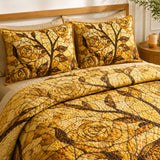 H.PAI Golden Rose Quilted 3-Piece Bedding Set – Vintage Stained Glass Quilted Bedding With Matching Pillow Shams