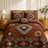 H.PAI Southwestern Aztec Quilted 3-Piece Bedding Set – Rustic Luxury Quilted Bedding with Matching Pillow Shams