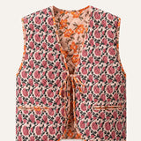 Pink Vine And Orange Flower - Reversible Vintage Patchwork Quilted Vest Tie-Front Waistcoat