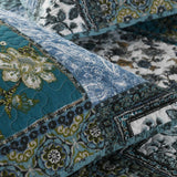 Teal Blue Floral Block Patchwork Quilted 3‑Piece Bedding Set
