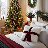 White Faux Fur Red Velvet Bow Pillow Cover