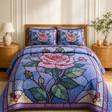 H.PAI Stained Glass Rose Quilted 3-Piece Bedding Set – Vintage Cottage Garden Quilted Bedding With Matching Pillow Shams