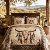 H.PAI Longhorn Skull Western Quilted 3-Piece Bedding Set – Vintage Ranch Style Quilted Bedding with Matching Pillow Shams