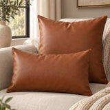 Cognac PU Leather Solid Color Pillow Cover
