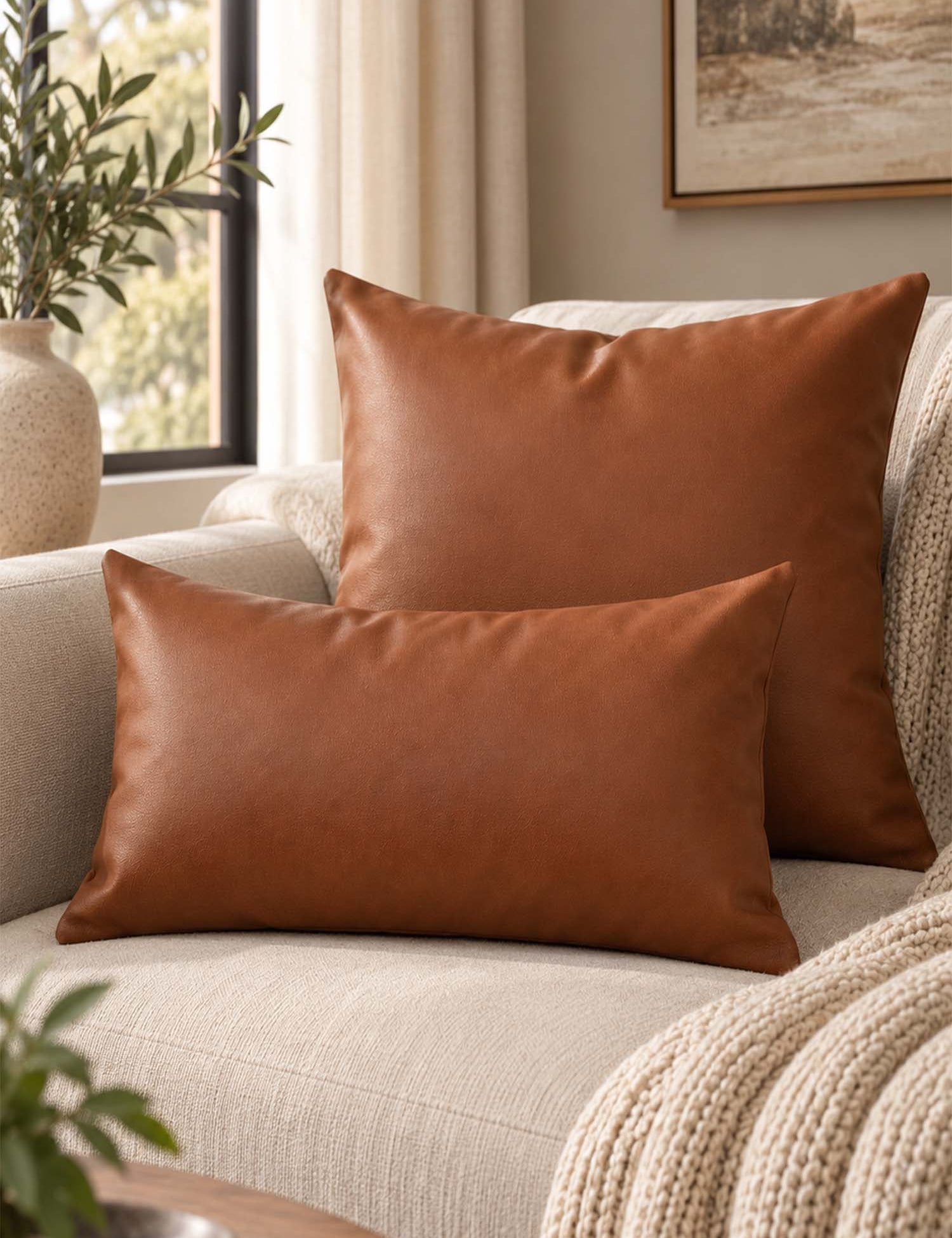 Cognac PU Leather Solid Color Pillow Cover