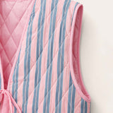Pink Blue Stripe - Reversible Vintage Patchwork Quilted Vest Tie-Front Waistcoat