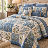 Blue Hydrangea Botanical Patchwork Quilted 3-Piece Bedding Set