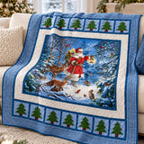 Santa's Winter Woodland Blue Gingham Quilted Blanket