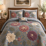 H.PAI Dark Botanical Floral Quilted 3-Piece Bedding Set