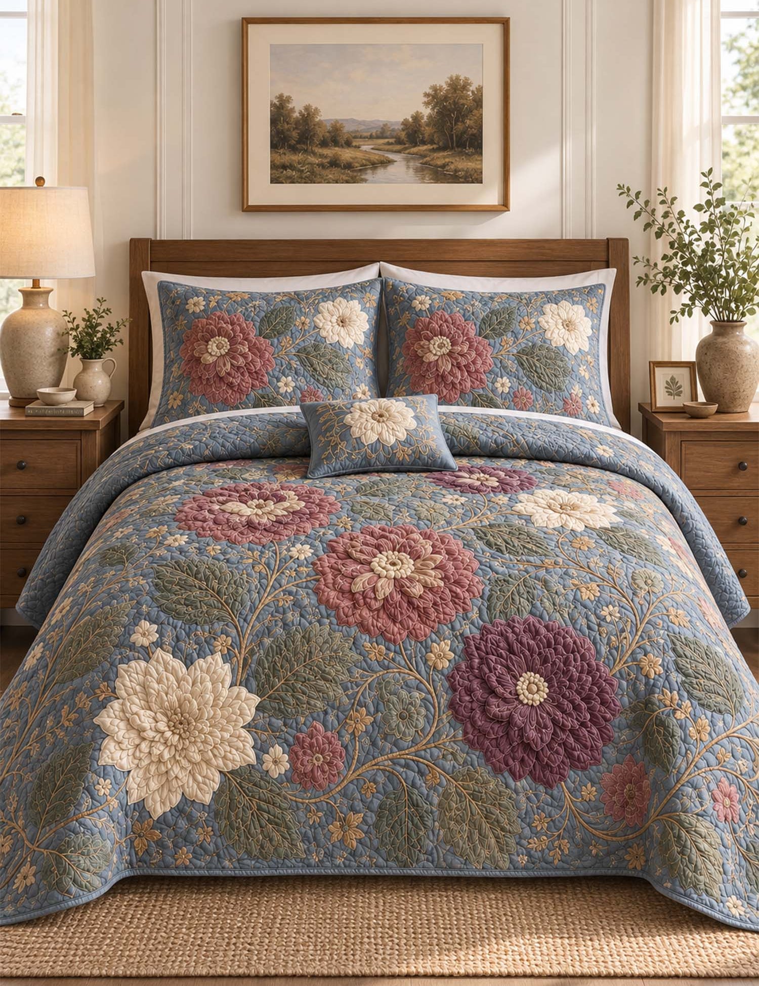 H.PAI Dark Botanical Floral Quilted 3-Piece Bedding Set