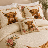 H.PAI Highland Cow Rose Garden Quilted Pillow Case